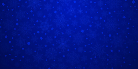 Background of complex big and small Christmas snowflakes in dark blue colors. Winter illustration with falling snow