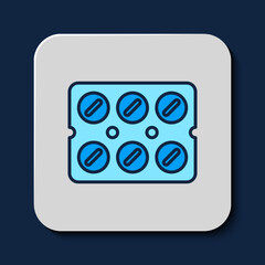 Filled outline Pills in blister pack icon isolated on blue background. Medical drug package for tablet, vitamin, antibiotic, aspirin. Vector