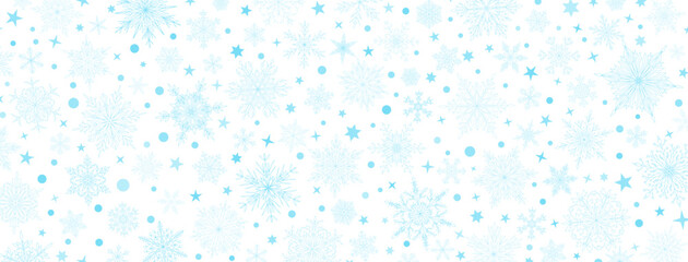 Background of complex big and small Christmas snowflakes in light blue colors. Winter illustration with falling snow