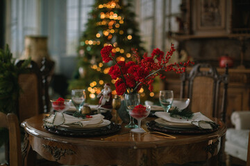 Festive table setting for a family dinner in beautifully decorated living room. Christmas tree on background. 