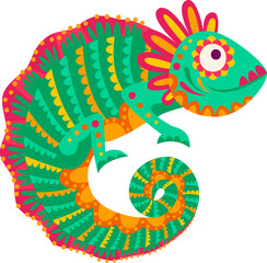 Mexican chameleon mascot with flower ornaments