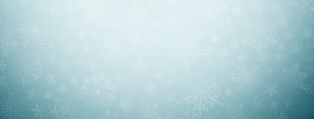 Background of complex big and small Christmas snowflakes in light blue colors. Winter illustration with falling snow