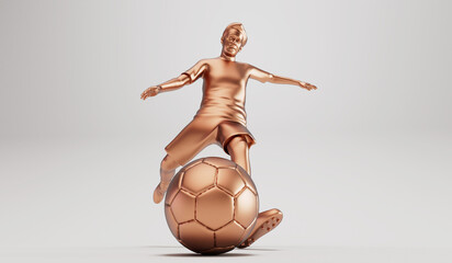 Golden soccer football player kicking a ball in an action pose. 3D Rendering