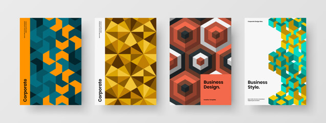 Premium geometric hexagons company cover template collection. Multicolored placard vector design illustration composition.
