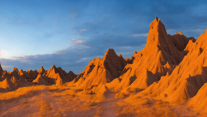 The Badlands National Park, South Dakota during late day sunset with tall rock formations - Beautiful Landscape Panorama