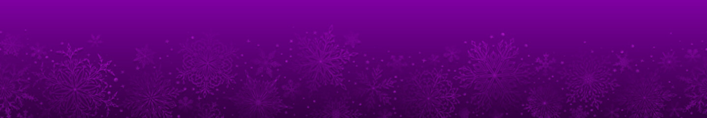 Banner of complex Christmas snowflakes in purple colors with seamless horizontal repetition. Winter background with falling snow