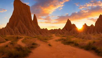 The Badlands National Park, South Dakota during late day sunset with tall rock formations - Beautiful Landscape Panorama