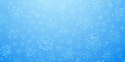 Background of complex big and small Christmas snowflakes in light blue colors. Winter illustration with falling snow