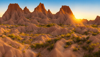 The Badlands National Park, South Dakota during late day sunset with tall rock formations - Beautiful Landscape Panorama