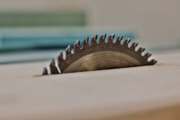 Metal silver circular saw blades for wood work as industrial tool background. Table saw cutting Wood , Circular saw blade for wood work. Industrial tool 