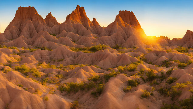 The Badlands National Park, South Dakota during late day sunset with tall rock formations - Beautiful Landscape Panorama