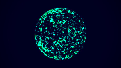 Abstract lines connection in the shape of Earth. Mesh sphere with flying debris. Global digital futuristic technology of network. 3d rendering.