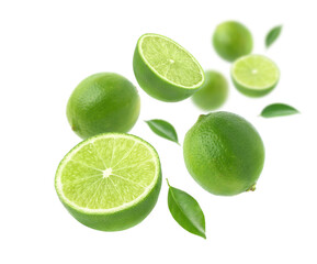Fresh Green lime with cut in half and leaves levitate isolated on white background.