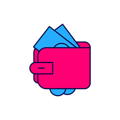 Filled outline Wallet with stacks paper money cash icon isolated on white background. Purse icon. Cash savings symbol. Vector