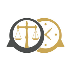 Law time and chat bubble vector logo design. Scale with clock icon vector logo design.