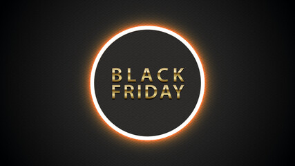 Black Friday Sale Glow Ring Luxury Banner. Dark finely pattern texture background, gold text lettering, glowing eclipse round frame. Web site poster, flyer or social network. Vector illustration - obrazy, fototapety, plakaty