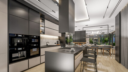 3d rendering of modern cozy interior with living,dining zone stair and kitchen for sale or rent with wood plank by the sea or ocean. Spacious apartments with expensive furniture,equipment and flowers