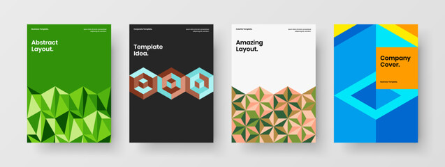Fototapeta premium Abstract mosaic hexagons presentation illustration bundle. Isolated leaflet design vector layout set.