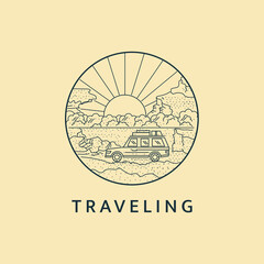 Minimalist traveling logo line art illustration template design with circle. Tour by car with beautiful views.