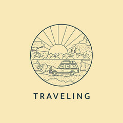 Fototapeta premium Minimalist traveling logo line art illustration template design with circle. Tour by car with beautiful views.