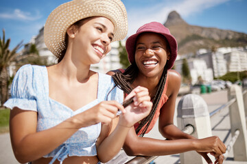 Laughing, phone or fashion women bonding on summer holiday in South Africa city travel location....