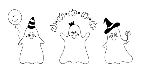 Vector doodle set of happy cute kind ghosts.Collection of festive kind cartoon childish halloween design elements.Outline.Isolated on white background.