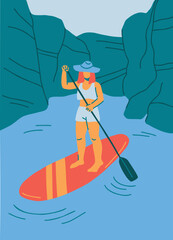 Female character stand up paddle boarding. Summer fun, leisure activity on water. Hand drawn vector illustration