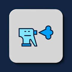 Filled outline Hairdresser pistol spray bottle with water icon isolated on blue background. Vector