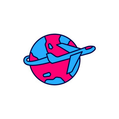 Filled outline Globe with flying plane icon isolated on white background. Airplane fly around the planet earth. Aircraft world icon. Vector