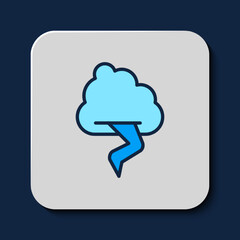 Filled outline Storm icon isolated on blue background. Cloud and lightning sign. Weather icon of storm. Vector