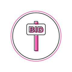 Filled outline Hand holding auction paddle icon isolated on white background. Bidding concept. Auction competition. Hands rising signs with BID inscriptions. Vector