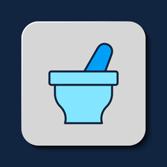 Filled outline Mortar and pestle icon isolated on blue background. Vector