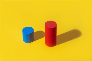 Abstract colored geometric shape red and blue on yellow background. Minimal geometric shapes