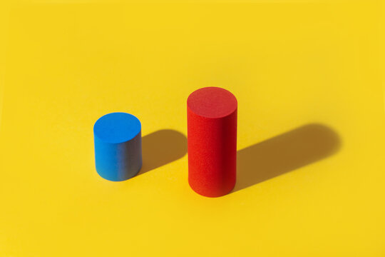 Abstract colored geometric shape red and blue on yellow background. Minimal geometric shapes