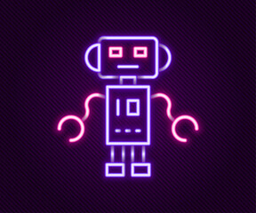 Glowing neon line Robot toy icon isolated on black background. Colorful outline concept. Vector