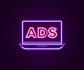 Glowing neon line Advertising icon isolated on black background. Concept of marketing and promotion process. Responsive ads. Social media advertising. Colorful outline concept. Vector