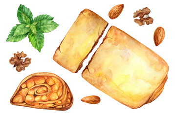 Apple strudel with nuts on a white background