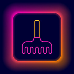 Glowing neon line Garden rake icon isolated on black background. Tool for horticulture, agriculture, farming. Ground cultivator. Colorful outline concept. Vector