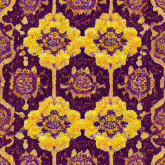 Purple and lemon-yellow floral seamless pattern with texture of Persian wool carpet. AI-generated, not based on any actual photo