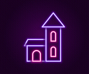 Glowing neon line Church building icon isolated on black background. Christian Church. Religion of church. Colorful outline concept. Vector