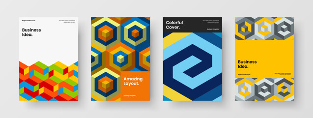 Colorful geometric pattern catalog cover concept bundle. Fresh company brochure A4 vector design template set.