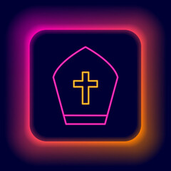 Glowing neon line Pope hat icon isolated on black background. Christian hat sign. Colorful outline concept. Vector