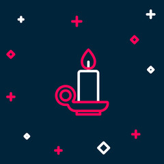 Line Burning candle in candlestick icon isolated on blue background. Cylindrical candle stick with burning flame. Colorful outline concept. Vector