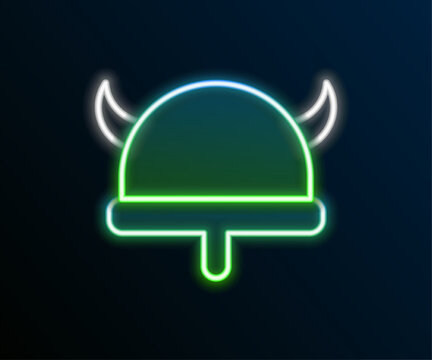 Glowing neon line Viking in horned helmet icon isolated on black background. Colorful outline concept. Vector