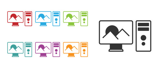 Black Photo retouching icon isolated on white background. Photographer, photography, retouch icon. Set icons colorful. Vector