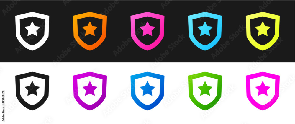 Sticker Set Police badge icon isolated on black and white background. Sheriff badge sign. Vector