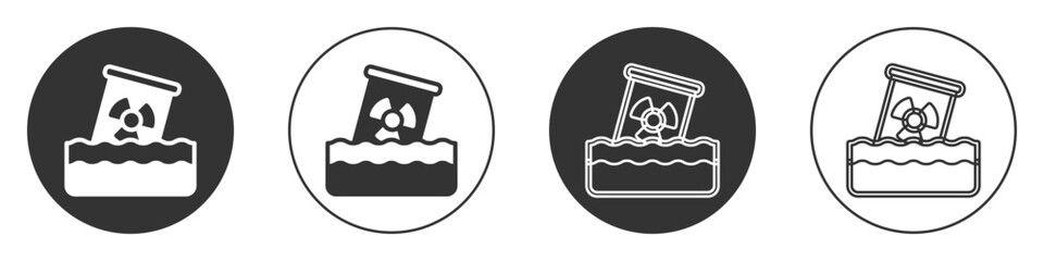 Black Radioactive waste in barrel icon isolated on white background. Toxic waste contamination on water. Environmental pollution. Circle button. Vector