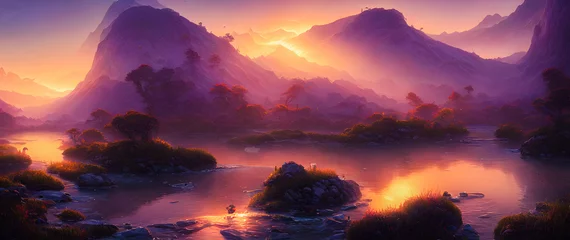 Poster Artistiek concept schilderij van een prachtig rivierlandschap, achtergrond afbeelding. © 4K_Heaven