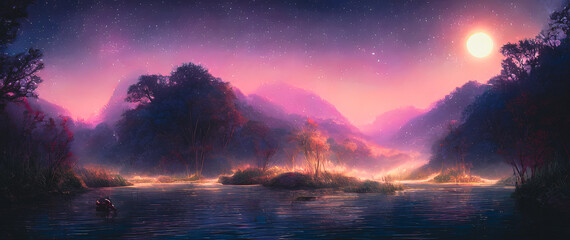 Fototapeta na wymiar Artistic concept painting of a beautiful river landscape, background illustration.