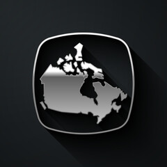 Silver Canada map icon isolated on black background. Long shadow style. Vector